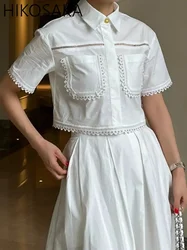 Korean Chic Beading Lace Shirts Women Summer Blouse Turn-down Collar Short Sleeve Crop Top Loose All-match Elegant Blusas Mujer