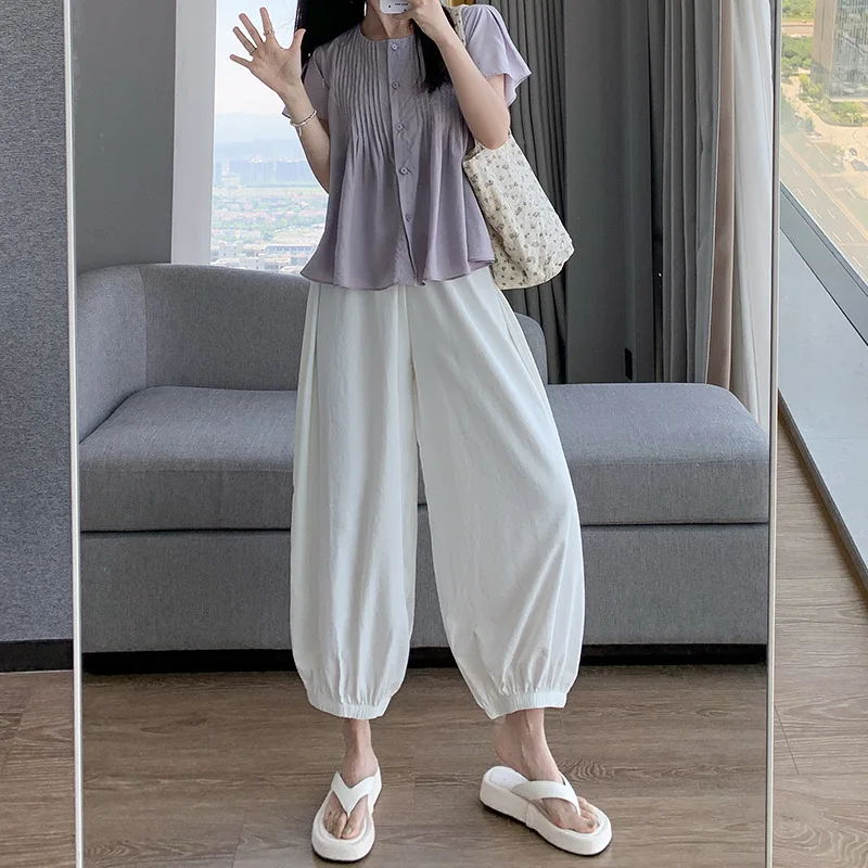 

Белые быстросохнущие брюки из ледяного шелка для женщин, летние 20225, прямые брюки-фонарики в легком стиле для миниатюрных женщин, брюки-морковки с девятью точками