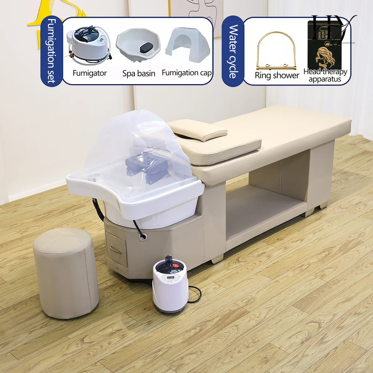 Wooden Frame Thai Massage Shampoo Bed Water Circulation With Fumigation Set Head Spa Washing Bed For Beauty Salon Barber Shop