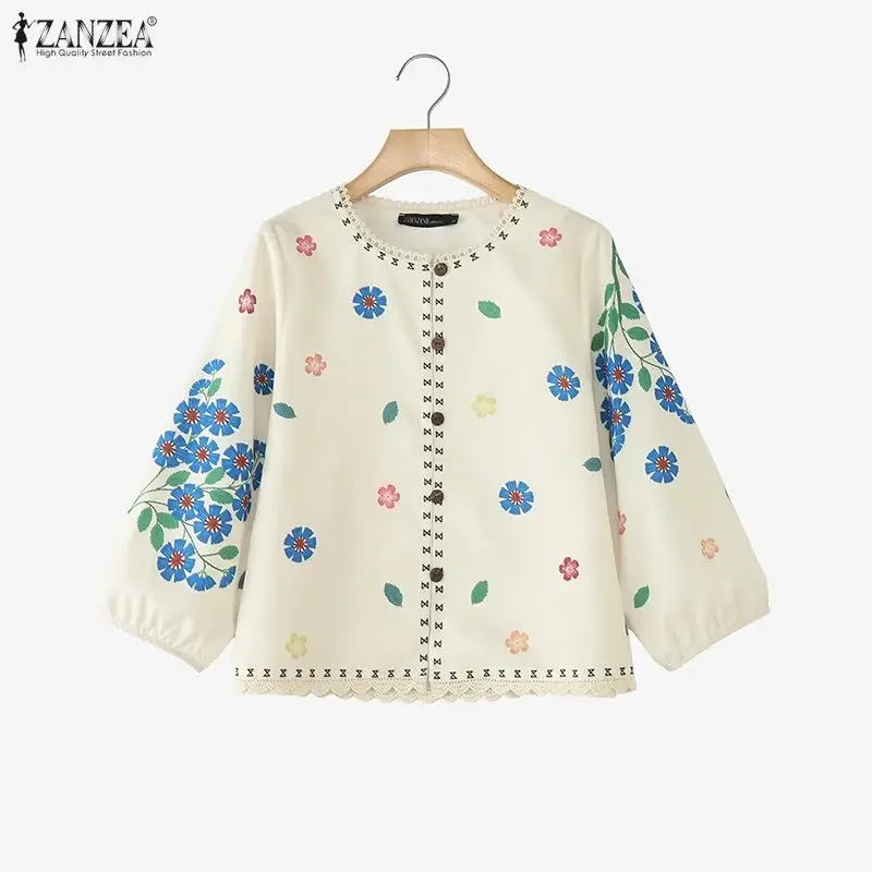 

Women's Lace Trim Floral Print Shirts 2026 Summer O-Neck 3/4 Puff Sleeve Button Up Shirt Spring Casual Tops ZANZEA Woman Clothes