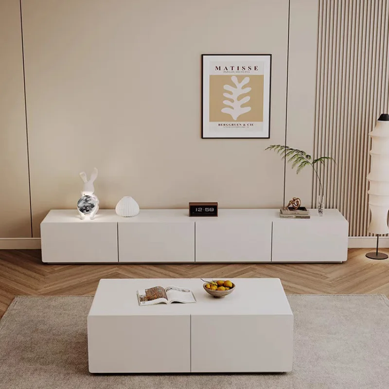 

Modern simple TV cabinet coffee table combination cream wind floor solid wood living room warm white floor cabinet paint TV