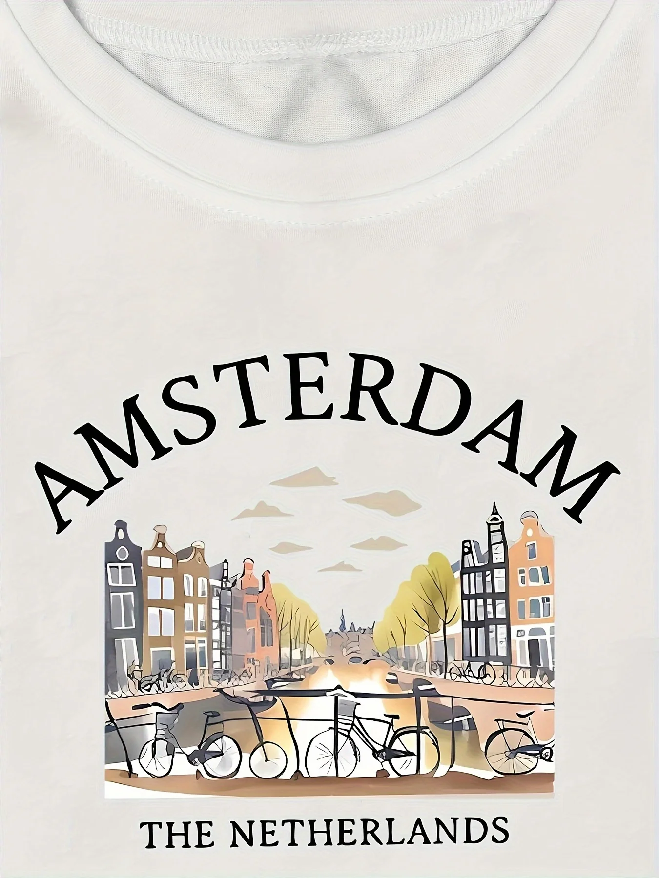 Amsterdam Landscapes Print T-shirt, Casual Short Sleeve Crew Neck Top For Spring & Summer, Women's Clothing