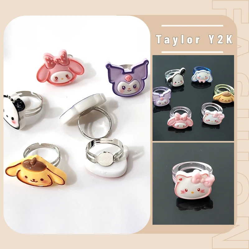 New Sanrio Hello Kitty Ring Anime Figure Kuromi Cinnamoroll My Melody Acrylic Transparent Ring Cartoon Fashion Resin Accessories