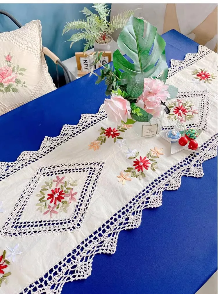 Fashion design Russia style ribbon embroidered table fabric table runner cover  rectangle beige 100% cotton cabinet cloth