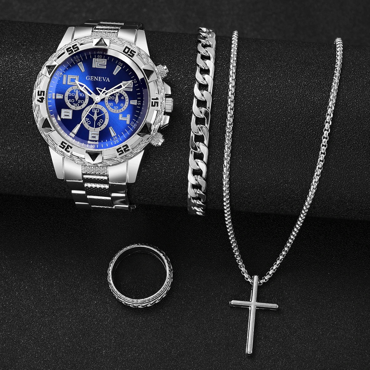 4PCS/Set Fashion Men Business Watches Luxury Big Dial Quartz Watch for Men Clock Jewelry Set Reloj Hombre（Without Box） view 5
