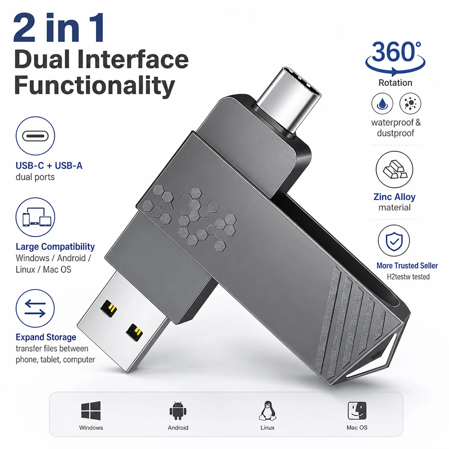 USB2.0 2IN1 TYPE-C USB Flash Drive 128GB 64GB 32GB Type-C Interface Cellphone Computer Mutual Transmission Portable U Disk Metal
