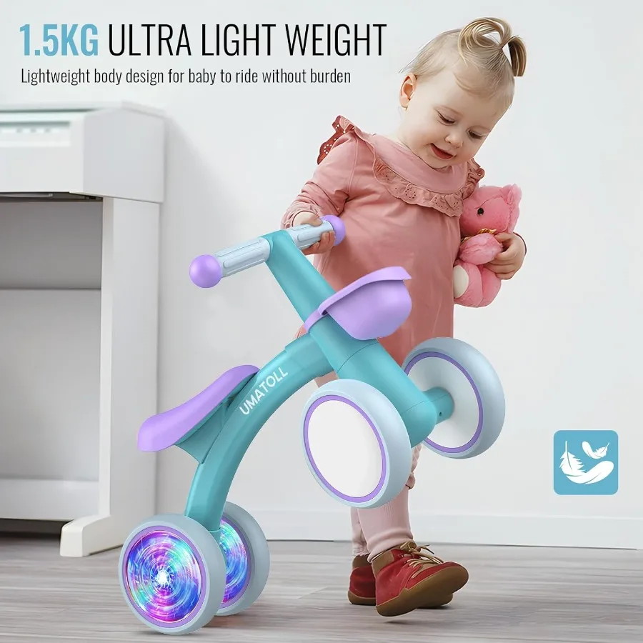 Juguetes de bicicleta de equilibrio para bebés con iluminación colorida, regalos para niños de 1 año, andador de asiento ajustable, regalos de cumpleaños para niños de un año