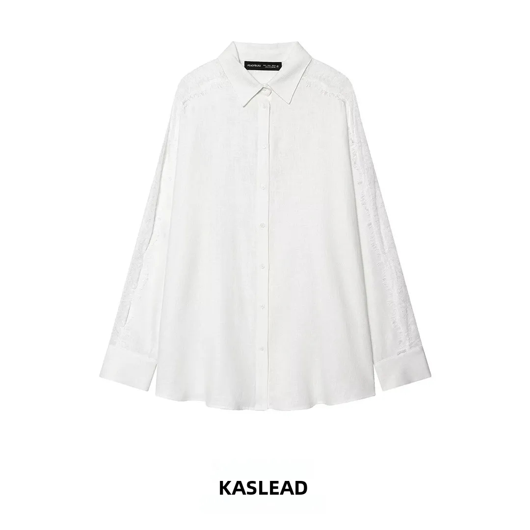 

KASLEAD New Women's Fashion Simple Loose Lace Shirt Breathable Polyester Spring Long Sleeve Flip Collar Casual Comfortable
