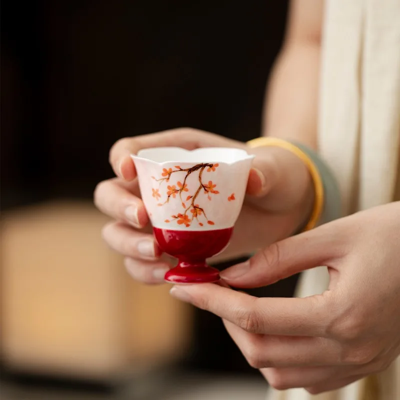Taza maestra de boca de flor de pie alto Song, juego de té de Kung Fu, taza de té para el hogar, pared de palacio pintada a mano, taza de té de flor de ciruelo roja