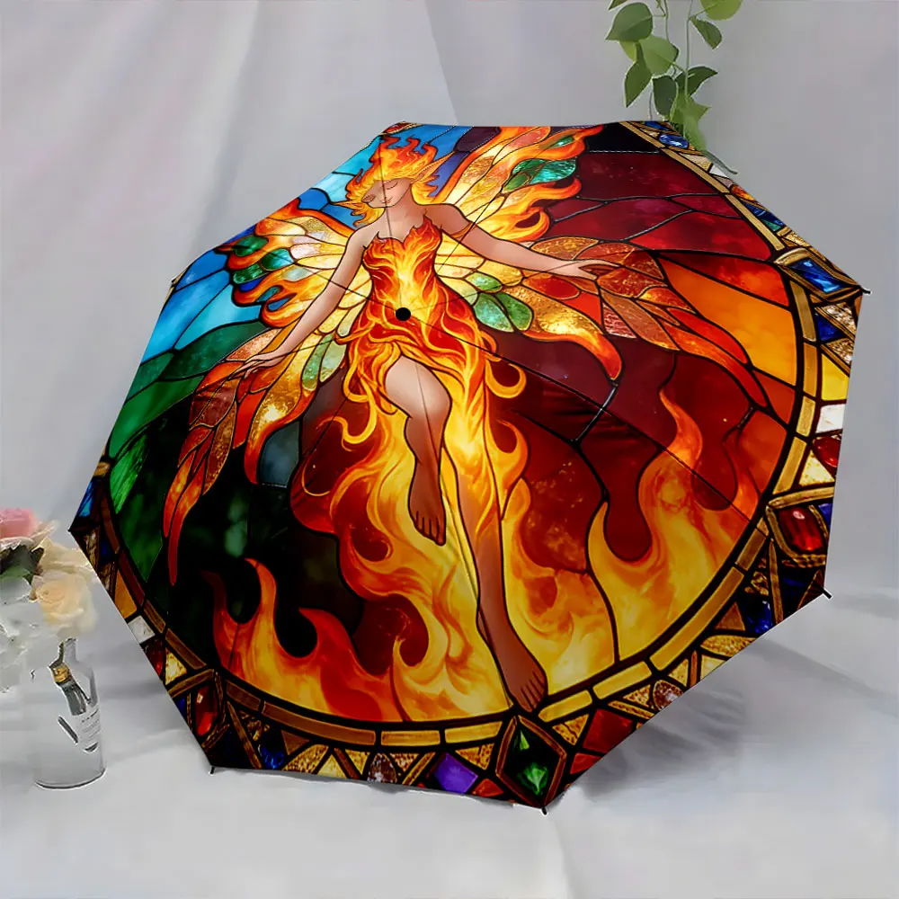 1PC Fiery Angel Umbrella: A Vibrant Stained Glass Design Print 8 Iron Ribs Folding Umbrella Auto-Open Fashion Sunshade