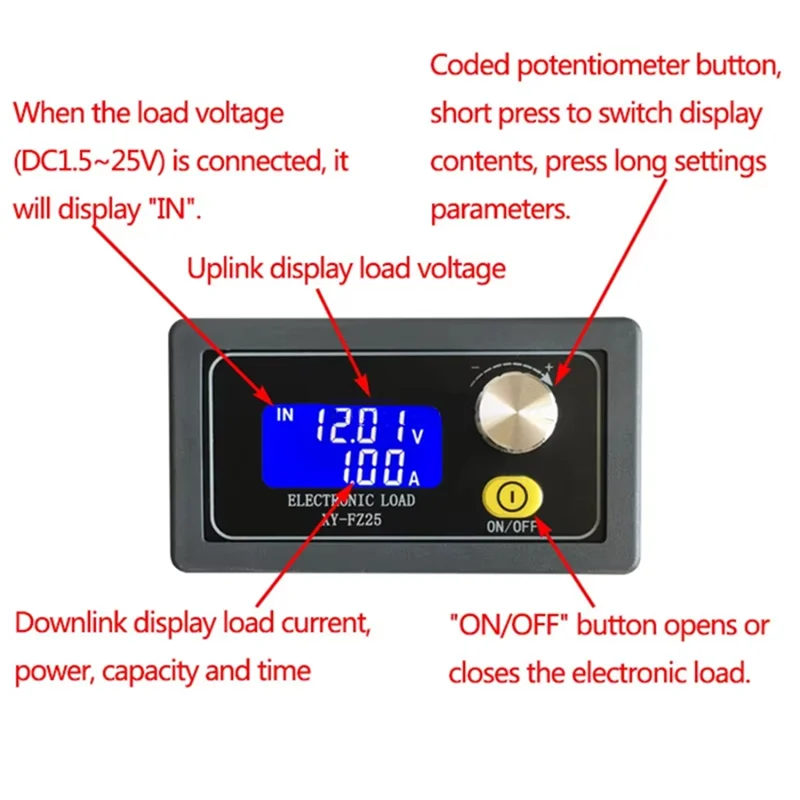 DC1.5V-25V 4A 25W Constant Current Electronic Load Battery Tester With Discharge Capacity Meter And TTL Communication FZ25-AB09