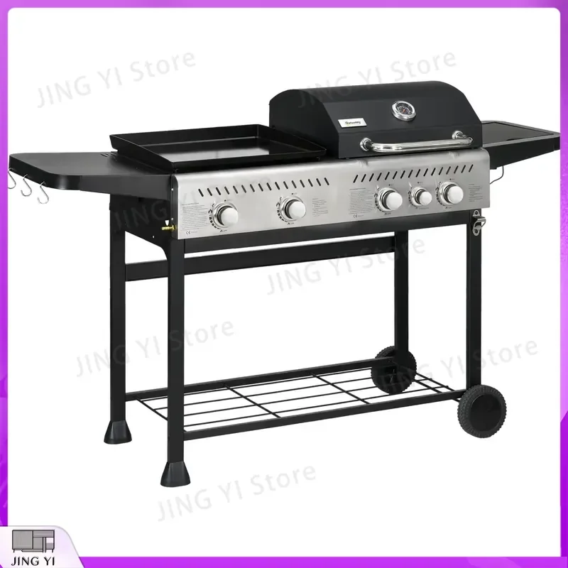 Outsunny Gas Grill Plancha BBQ Grill Outdoor Cooking Equipment 15 kW 4+1 Burners Stainless Steel Portable Barbecue for Garden