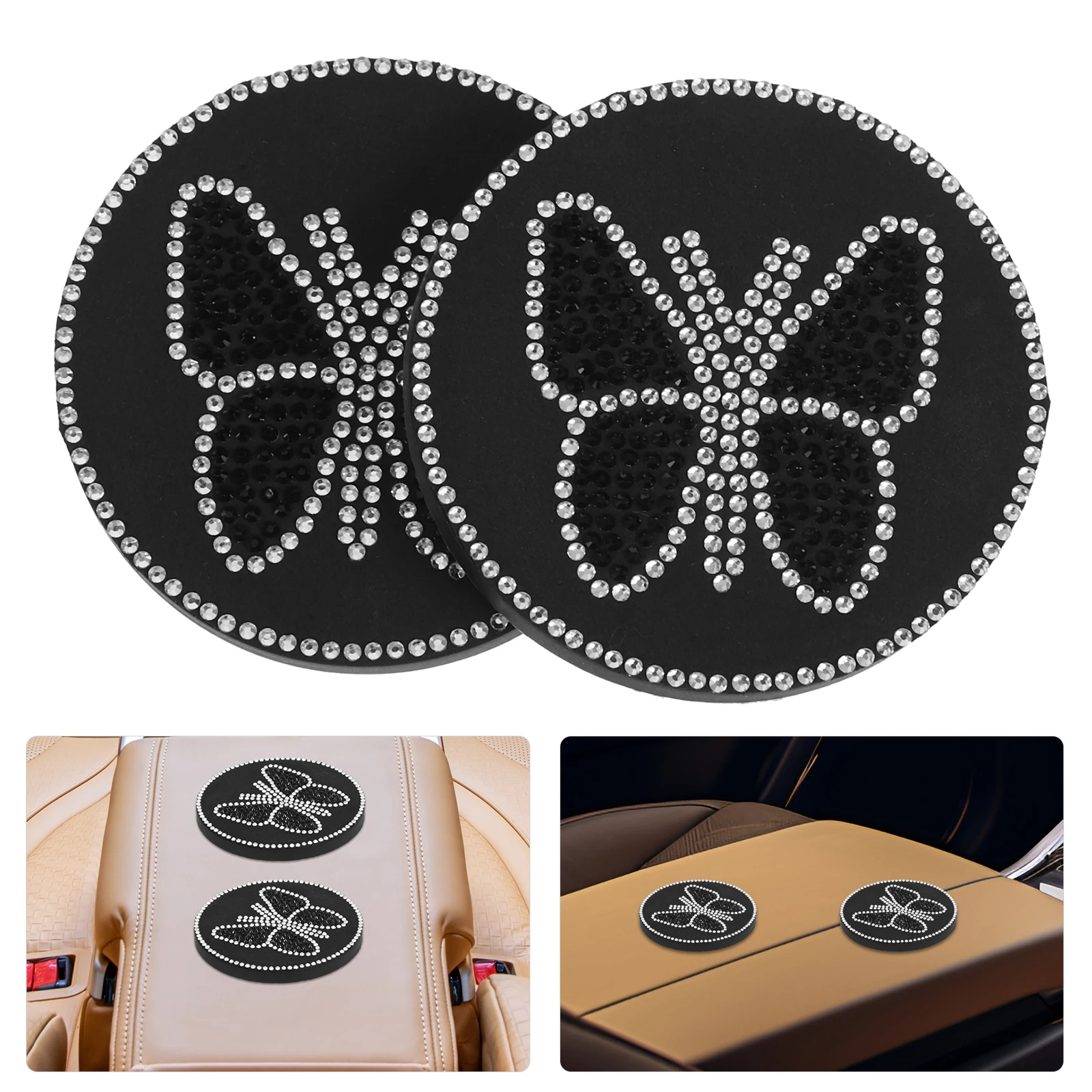 

2pcs Pvc Holder Bling Rhinestone Butterfly Non Slip Cup Coaster Inserts For Vehicle Interior Round Drink Mats Tea Coasters Car