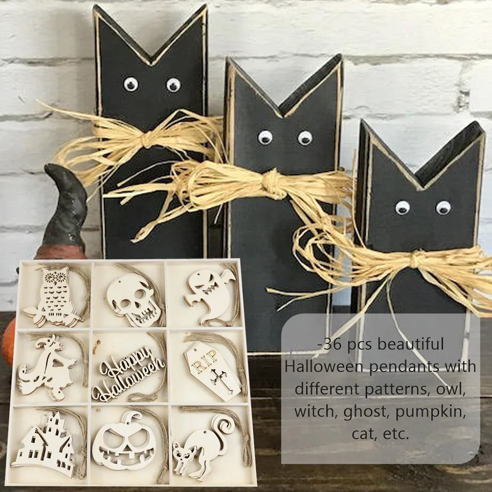 

36Pcs Wooden Decoration Hangings Eco Friendly Carved Halloween Pendants Hollowed Exquisite Designs Owl Witch Ghost Pumpkin Cat