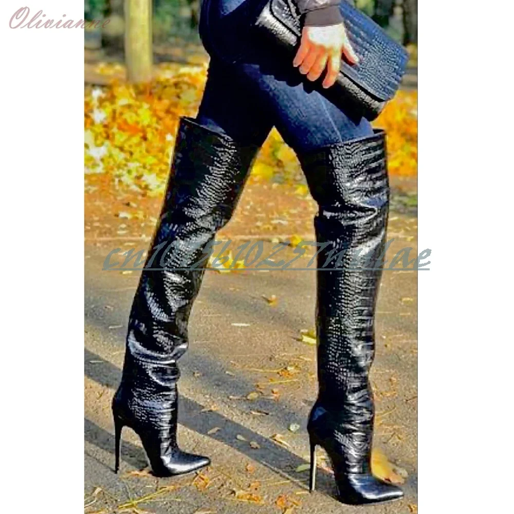 

Black Snakeprint Pointed Toe Over the Knee Boots Stiletto High Heel Fashion Sexy Women Shoes 2025 Spring Zapatos Para Mujere