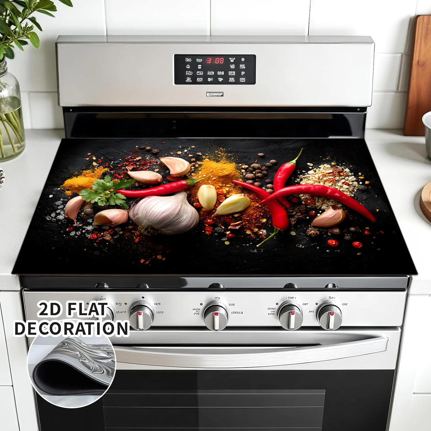 Spices Chili Garlic Stove Top Cover, Non-Slip Heat Resistant Burner Mat, Washable 2D Flat Kitchen Decor for Electric & Gas Stove