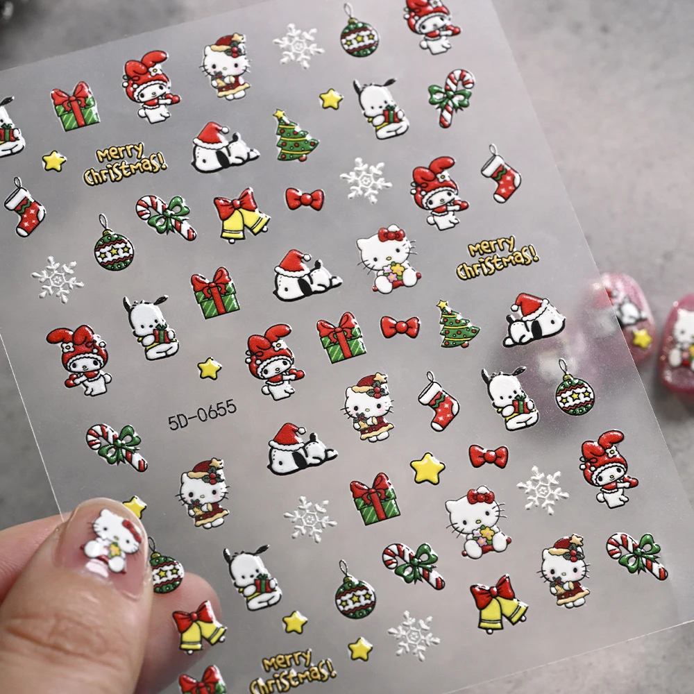 6 pçs vermelho natal olá kitty adesivos de unhas estrela de natal doce cana presente olá kitty dos desenhos animados crianças decalques de unhas adesivos decorativos