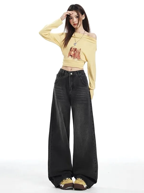 

High Waist Wide Leg Denim Jeans Women's Loose Fitting Slimming Drapey Straight Floor-Length Pants Casual Sle Simple Series
