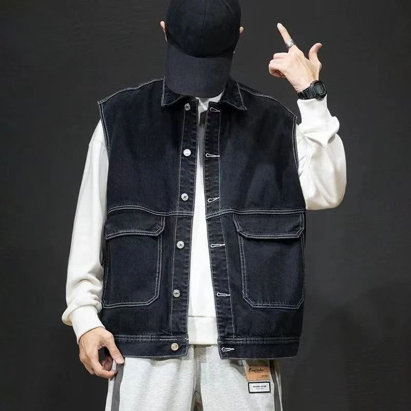 Unisex Ins Workwear Vest Lightweight Denim Waistcoat for Men Women Autumn Streetwear Casual Layering