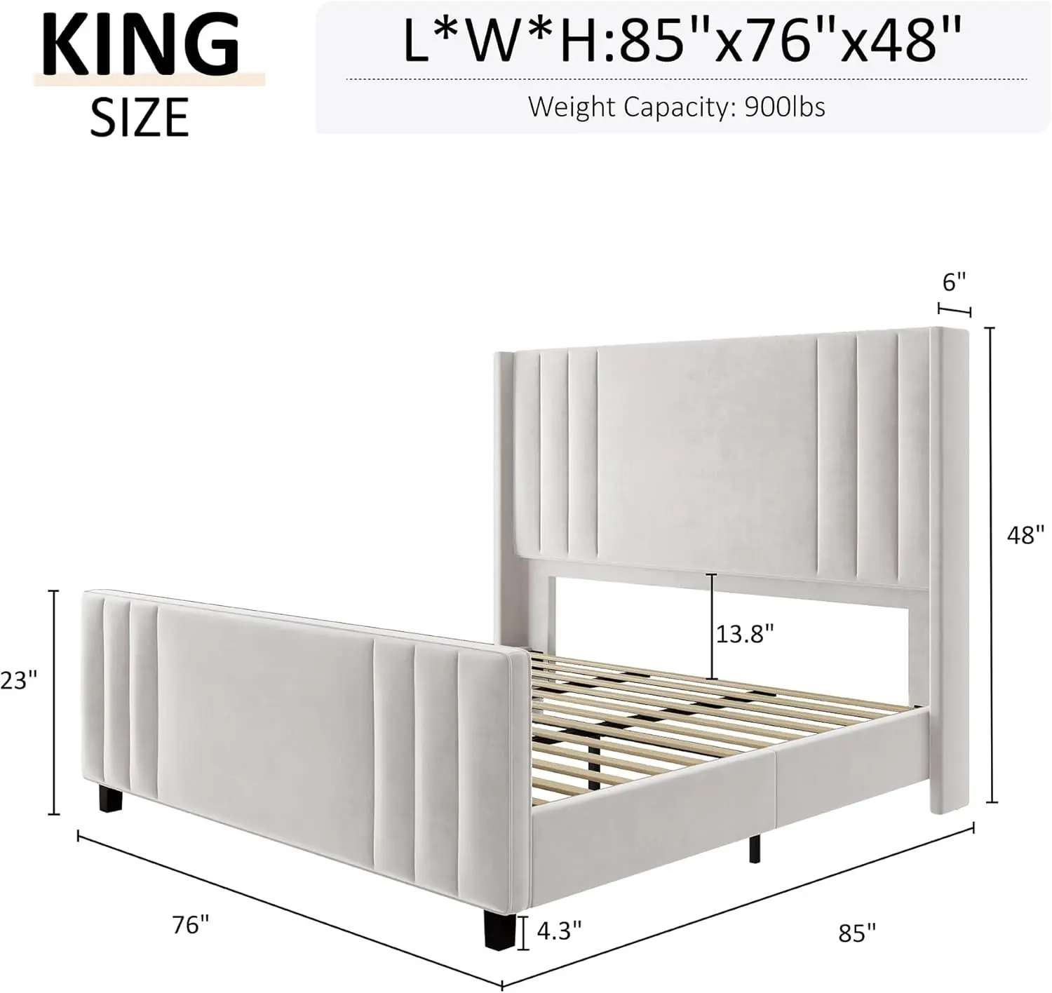 King Size Bed Frame, Velvet Upholstered Platform Bed with Vertical Channel Tufted Headboard & /Wingback, Mattr