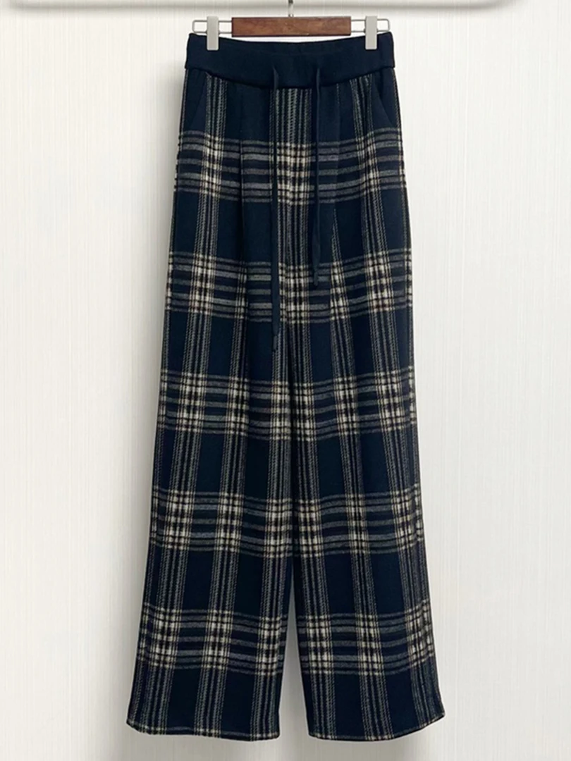 Autumn Winter Vintage All-Match Fashion Thick Women Wool Trouses Gingham Plaid Loose Wide Leg Pants