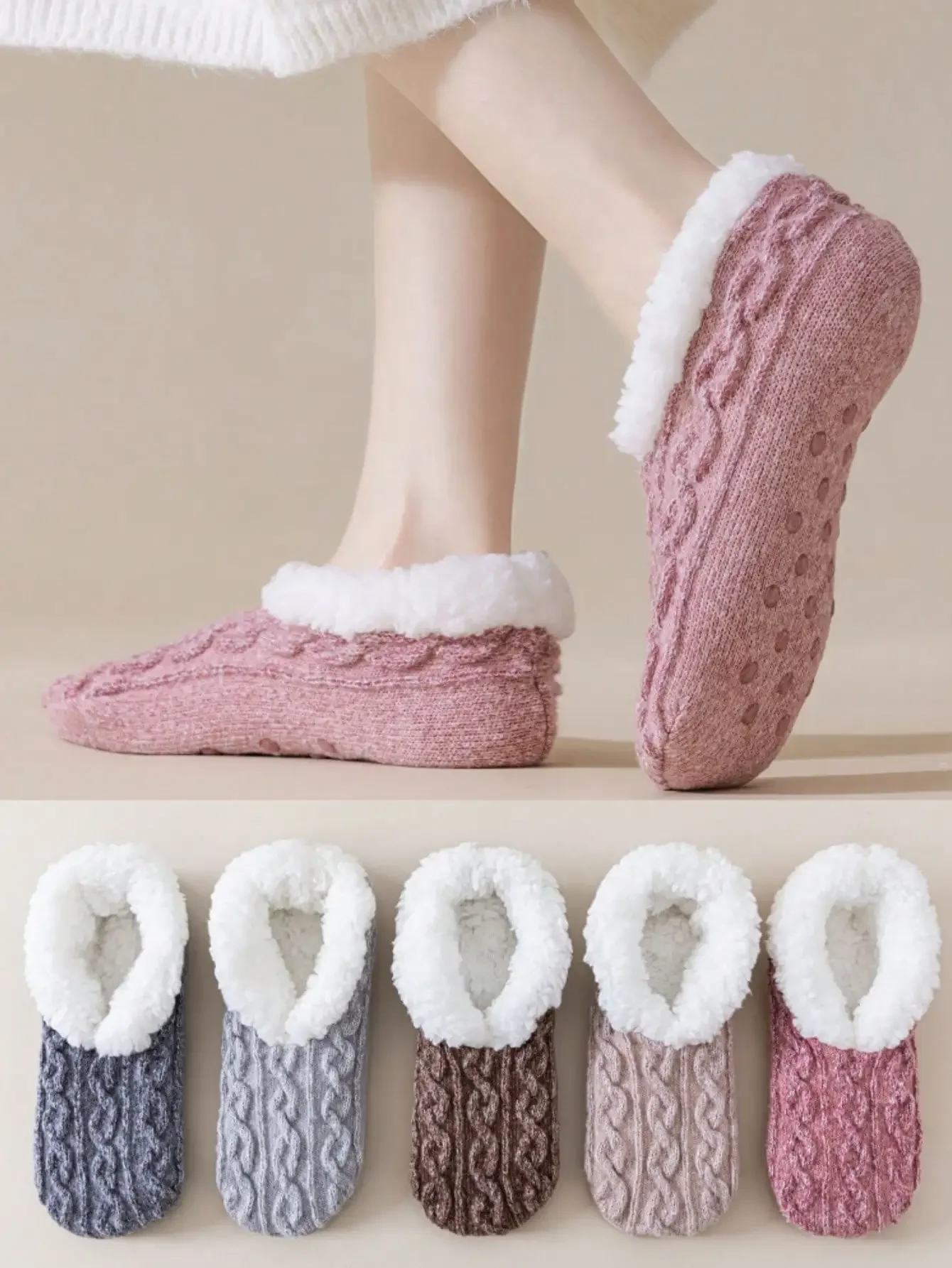 2 Pairs Women Thermal Lined Socks, Warm Thick Sherpa Lined Socks For Autumn/Winter, Cable Knit Texture, Non-Slip Grip, Indoor/Sleepwear Socks