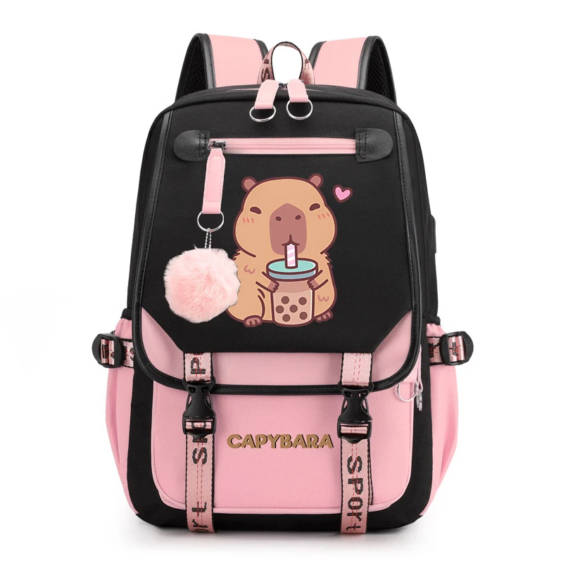 Cute Animal Capybara Print Girls Backpack Campus Student Schoolbag USB Travel Bag Kids Gift