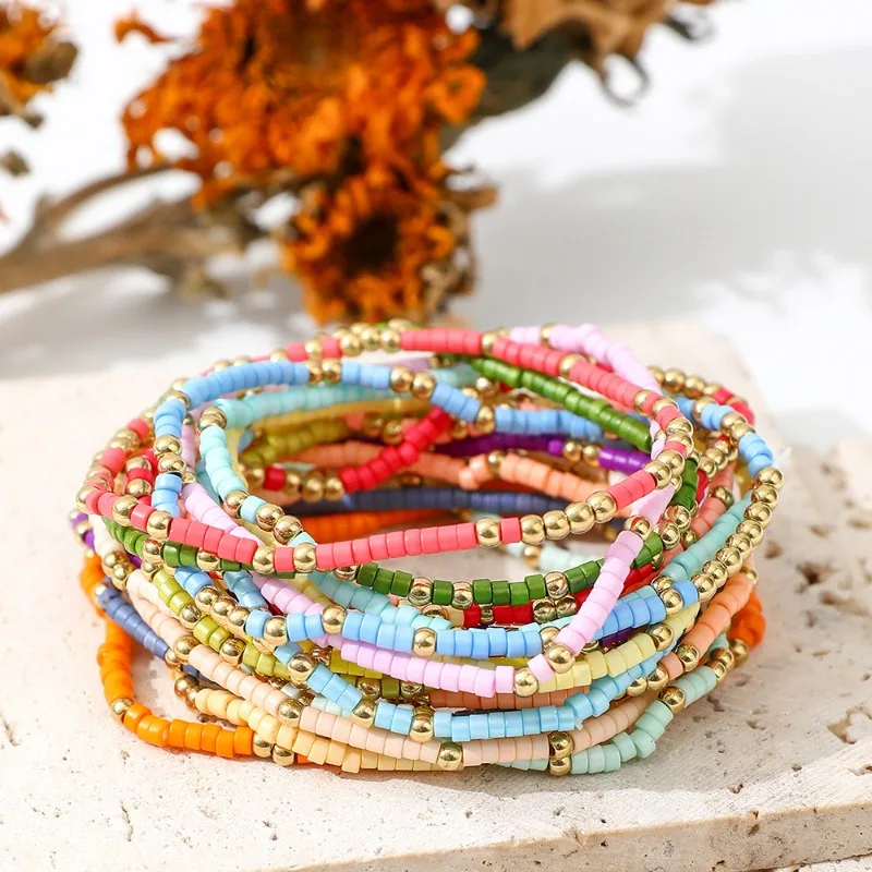 19pcs Colorful Handcraft Rice Beads Bracelets Bohemian Jewelry Set for Women Summer Vacation Travel