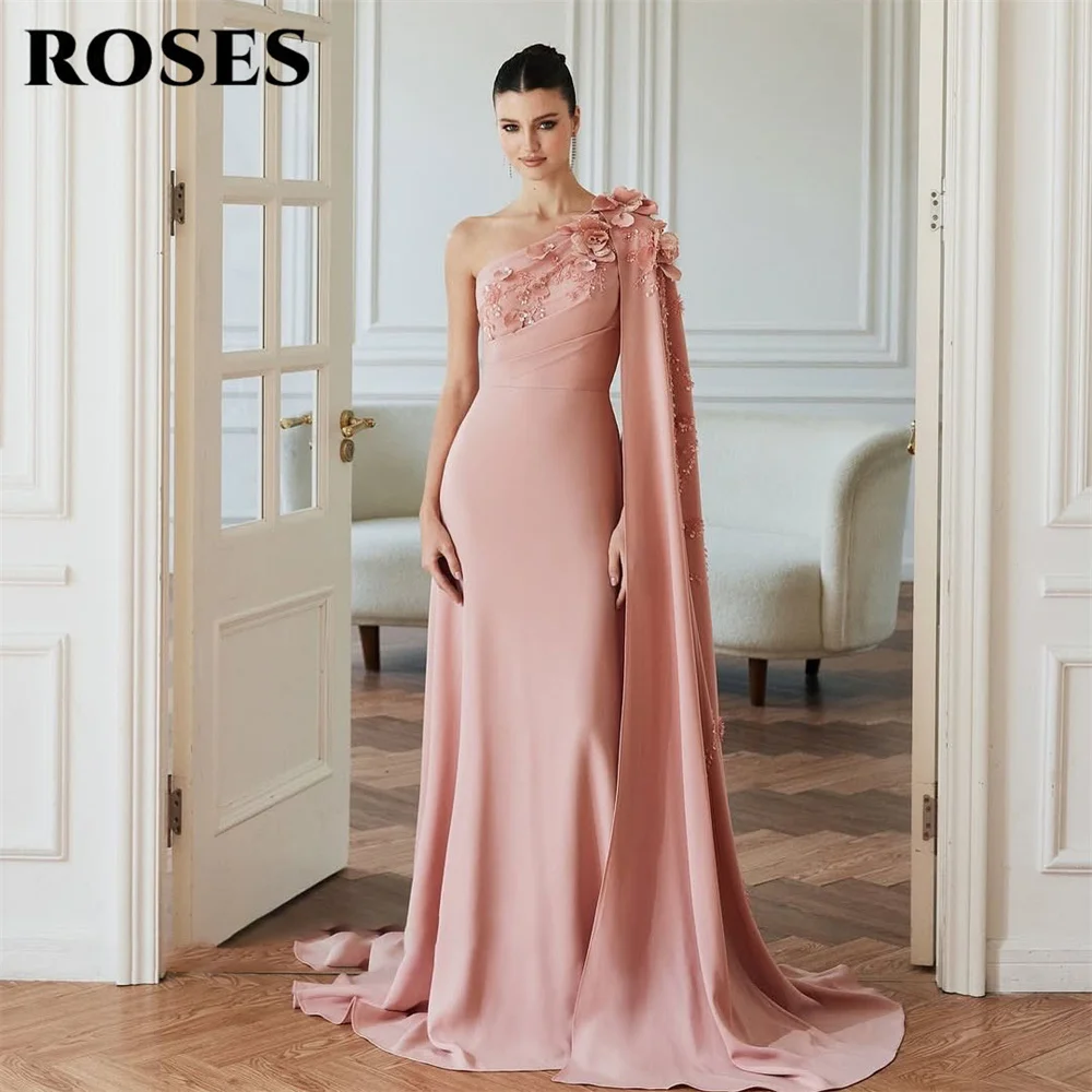 

ROSES Blush Pink Party Dress One Shoulder فساتين السهرة Floral Night Dress Cape Sleeve Prom Dress for Woman Customiz