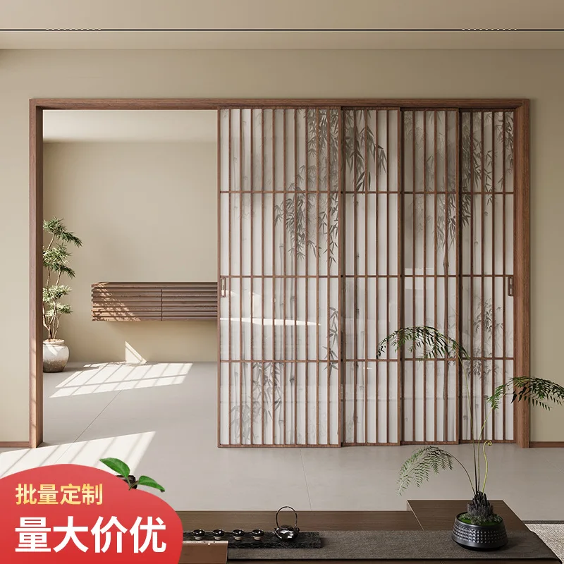 New Chinese bamboo shadow glass door kitchen balcony living room partition sliding door retro grille Song's aesthetic sliding