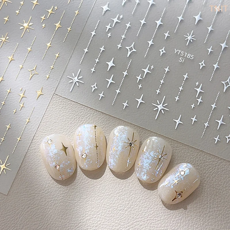 [J] Gold Silver Stamped Starlight Laser Glitter Star Bronzing Rhinestones Relief Nail Art Decorations Stickers Manicure Decals