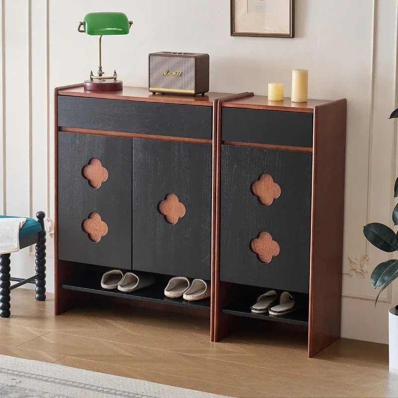 Mueble auxiliar de comedor de madera maciza de fresno retro francés, mueble de entrada en el vestíbulo, negro, almacenamiento medieval