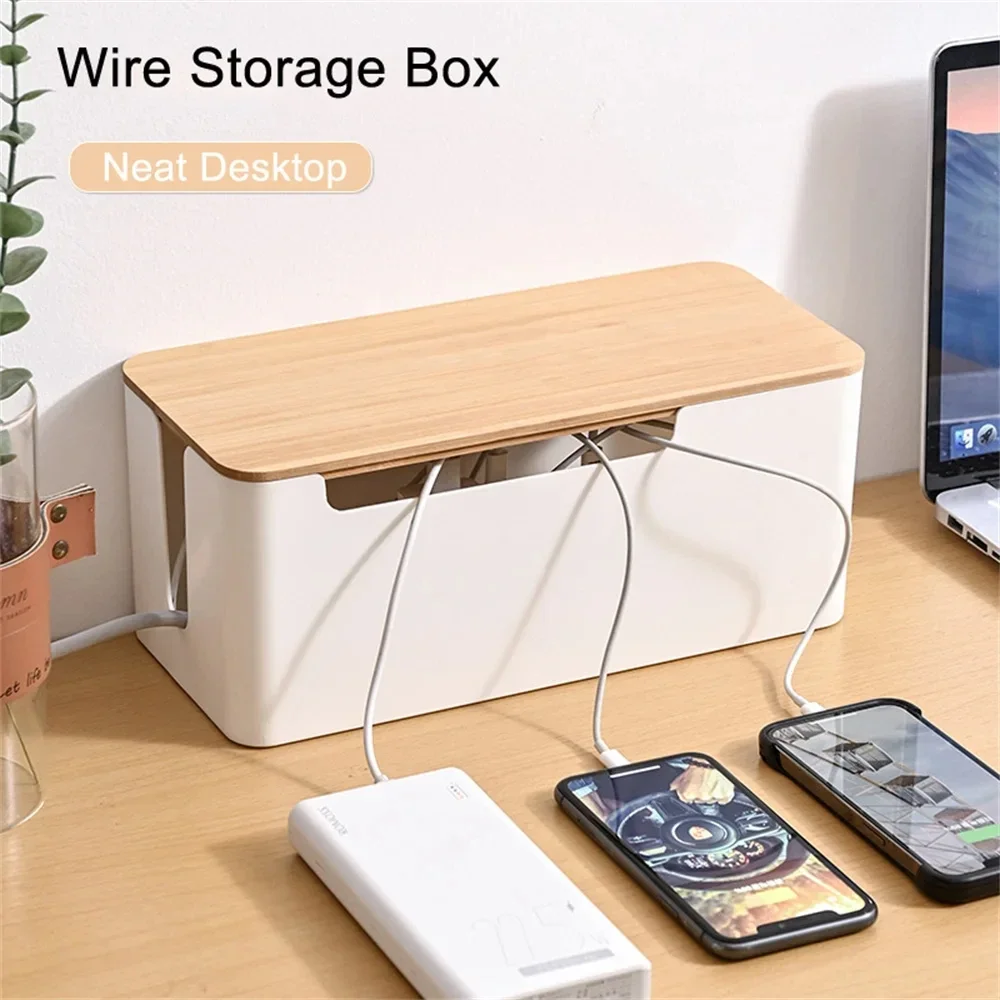 

Wire Storage Box Power Plug Board Wire Boxes Socket Data Cable Junction Box Plastic Storage Box with Bamboo 1PC