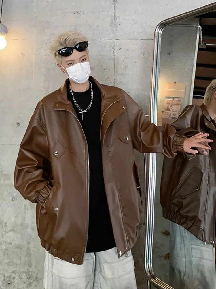 

Кожаная куртка-бомбер коричневого цвета для мужчин, весна-осень, с откидным воротником, в американском мотоциклетном стиле, премиум-класса