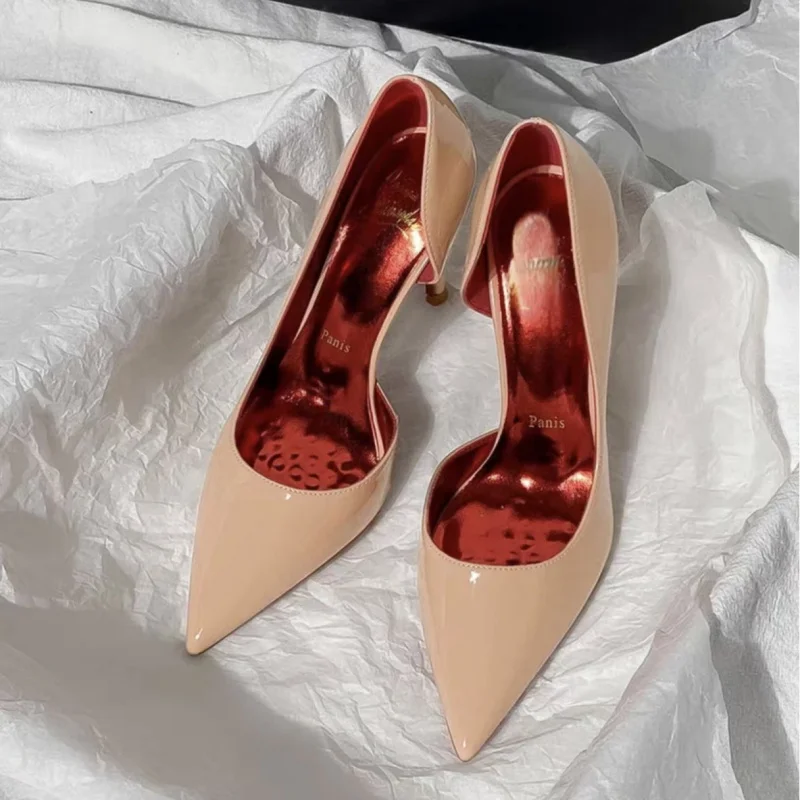 Red Bottom with Diamond Low-Cut High Heels Fine Heel with Black Side Empty with Rhinestones Elegant Socialite Nude Color Pointed