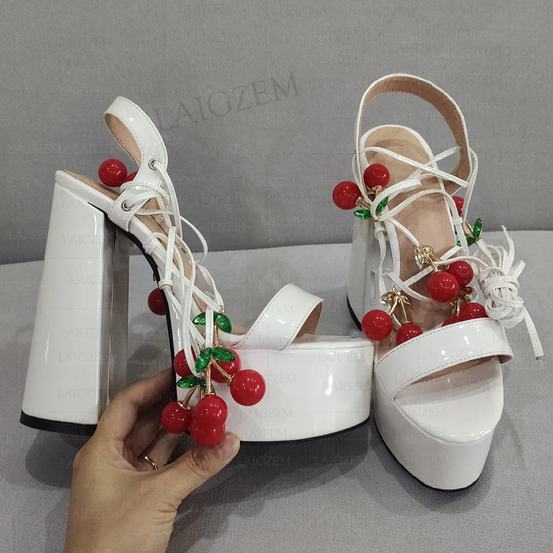 LAIGZEM Women Platform Sandals Lace Up Cherry Decro Block High Heels Pump Cosplay Shiny Ladies Shoes Woman Big Size 40 42 45 47