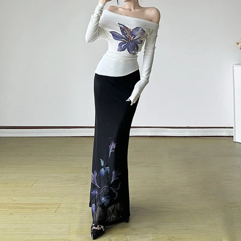 

Women Two Piece Skirt Set 2025 Autumn New Knit Top Sloping Shoulder Floral Print Asymmetric Hem Exposed Shoulder Long Sleeve