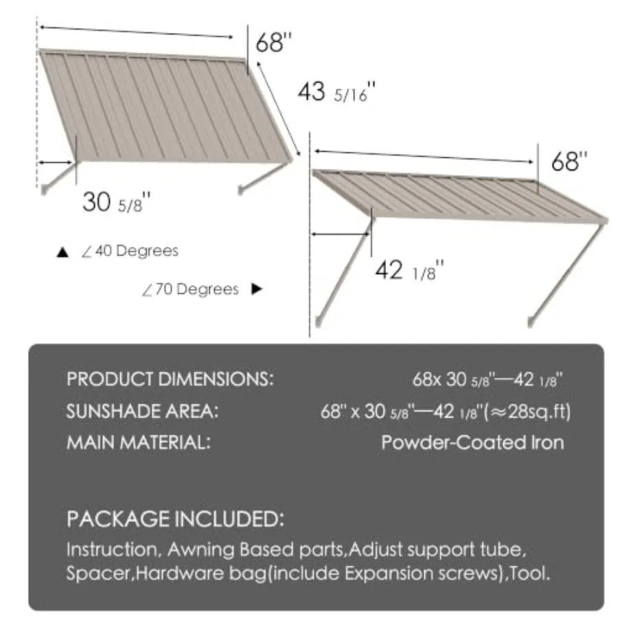 Adjustable Door Window Awning for All-Weather Rain, Snow UV Protection Aluminum Frame, Khaki, 4-Level Tilt, 68 W × 43 1/2 Slope