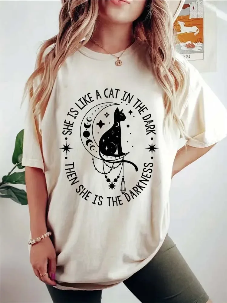 Fleetwood Mac Cat in The Dark Rhiannon Lyrics Women\'s O-Neck Cartoon Print Summer Unisex Short Sleeve Cute Vintage T-Shirt.