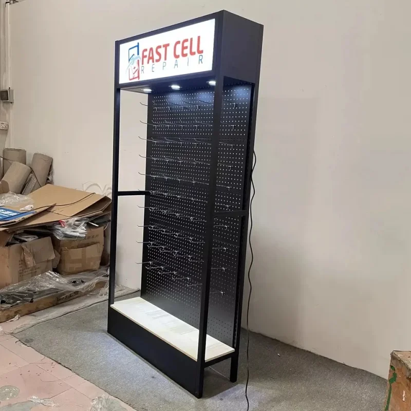 Custom. metal Handy zubehör Regale elektronische Produkt Vitrine Handy Shop hängen Display Racks mit Haken