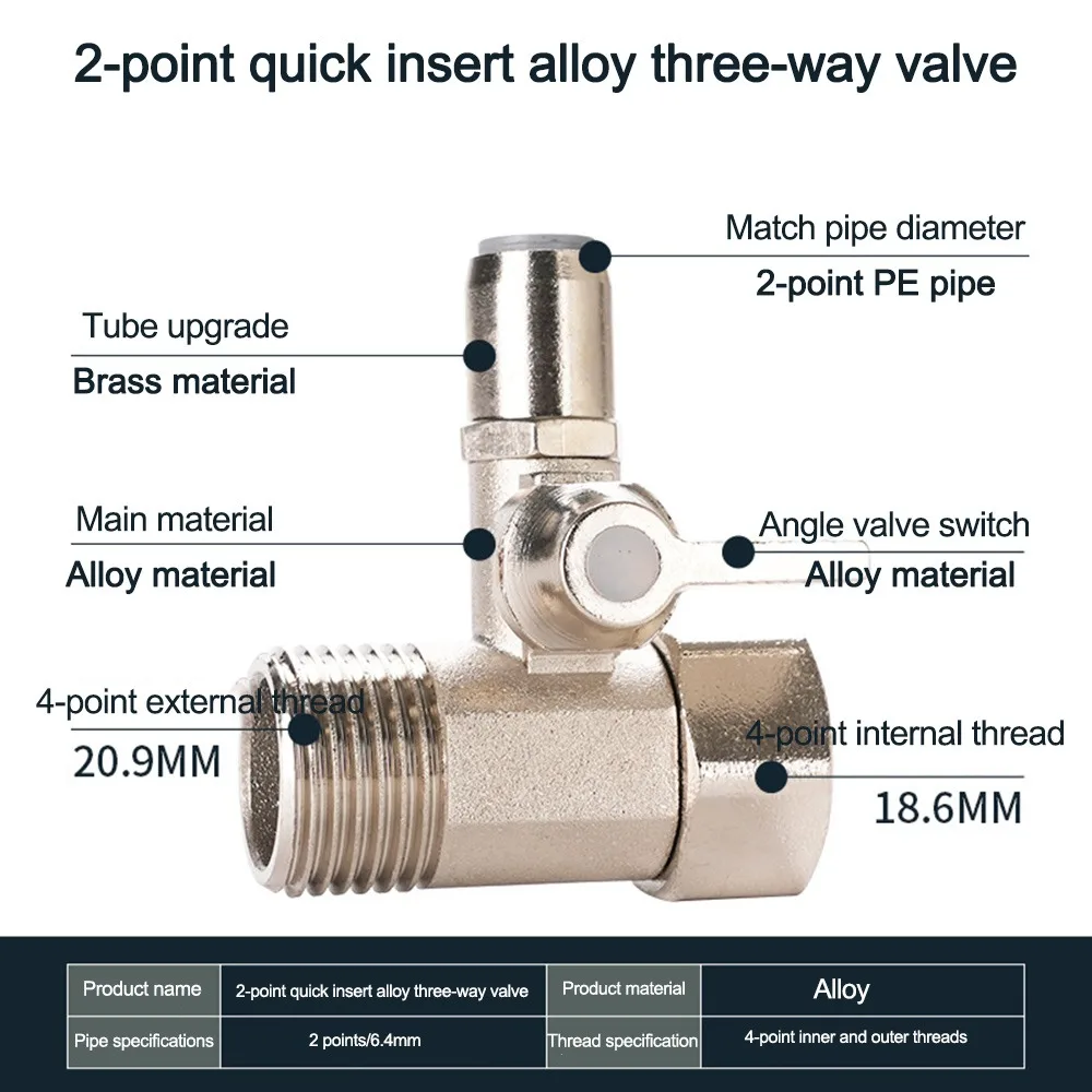 Brass Quick Insert Three Way Valve Stainless Steel Alloy Water Purifier Tee Connector Replacement Part Leak Resistant