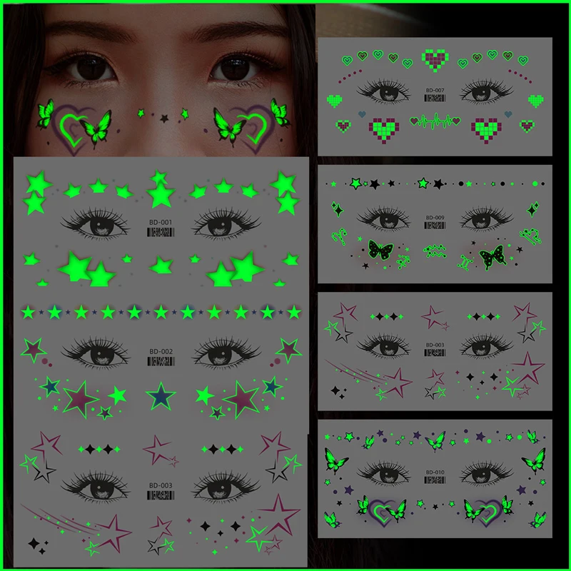 

Green Luminous Face Tattoo Sticker Strawberry Love Heart Butterfly Party Face Decal Tattoo Sticker Waterproof and Temporary Musi