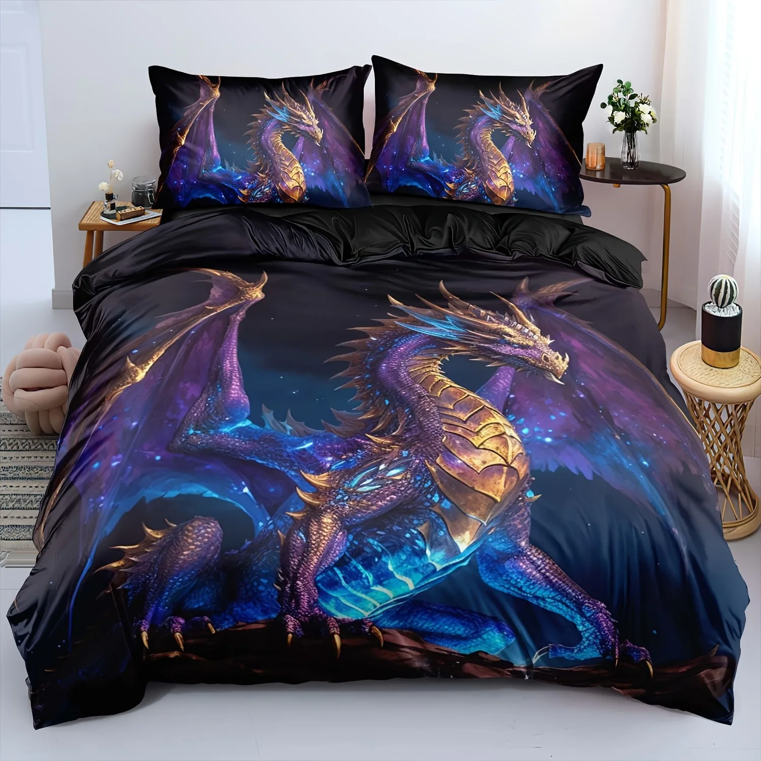 

A Set of 3pcs Featuring a Soft And Comfortable Dragon Duvet Cover with a bedding Showcasing Ancient Wild Animal Dragon Patterns
