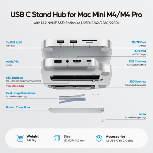 Imagen 2 del producto PULWTOP Mac Mini M4 Dock con carcasa SSD de 4 TB, concentrador USB C compatible con HDMI 4K 60 Hz, USB A 2.0, SD/TF, audio para Mac Mini M4/M4 Pro