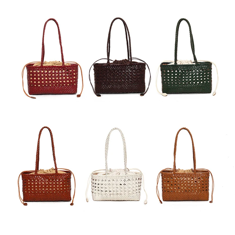 Luxury Handmade Cowhide Woven Shoulder Bag Retro Casual Handbag Fashion Hollow Shopping Basket Bag With Drawstring Inner Pocket