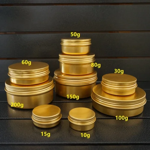 Imagen 2 del producto Caja de aluminio redonda vacía dorada, latas de metal para crema cosmética, tarro rellenable para té, 10/15/30/50/60/80/100/150/200g