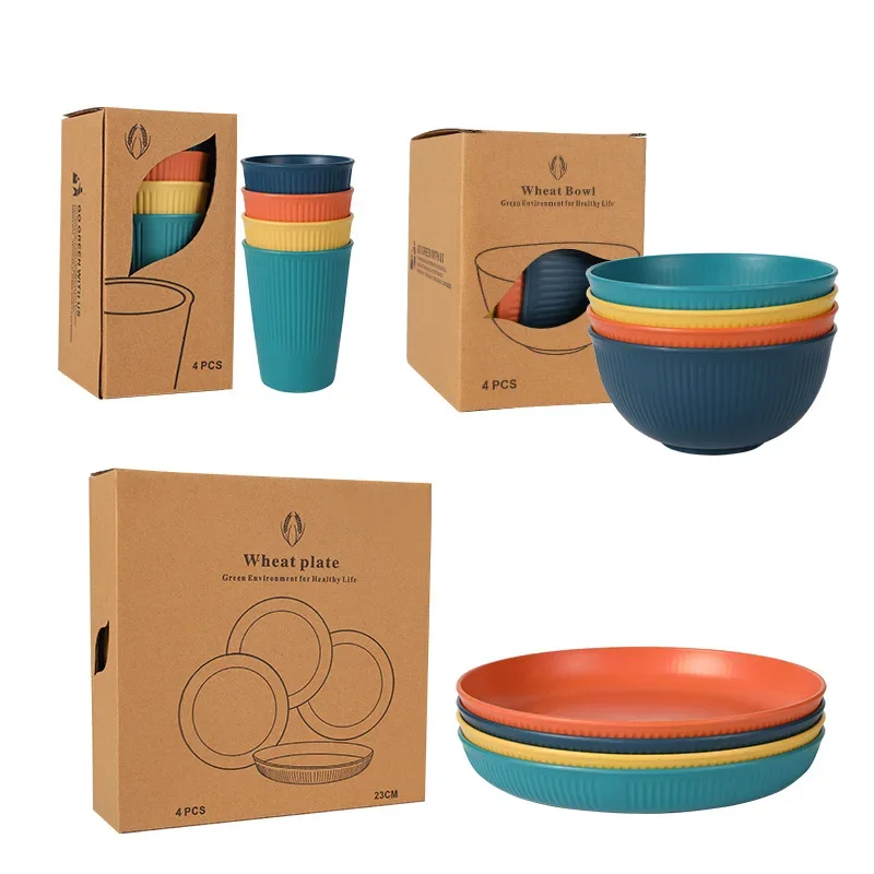 Multi Color 4Pcs Set Cup/Plate/Bowl Reusable 4 People Vertical Eco-friendly Grain Household Wheat Straw Tray Bowl Cup Gift Sets