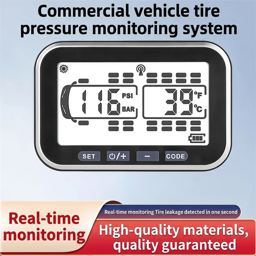 Portable tire pressure monitoring system for commercial vehicles, RVs, light and heavy freight vehicles