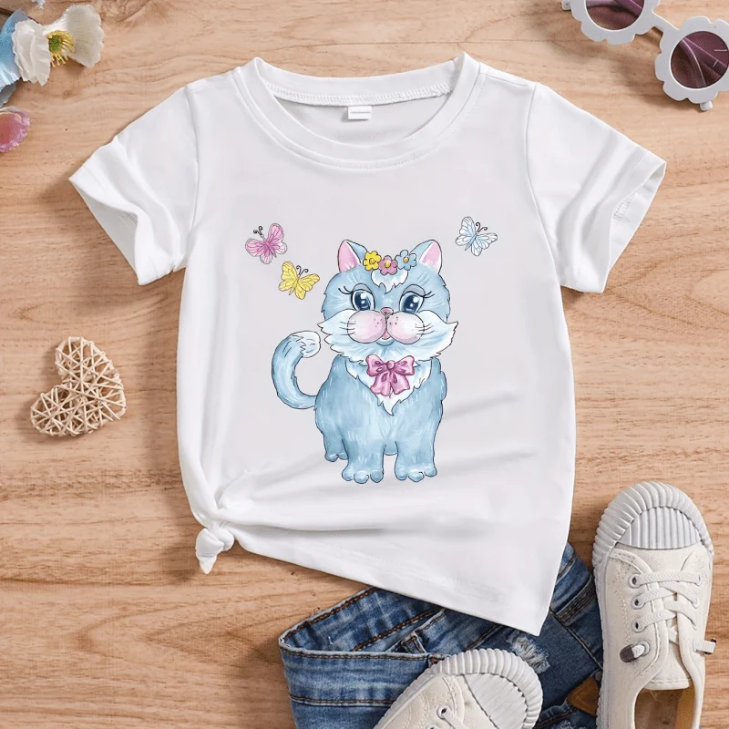 

Футболка из 100% хлопка с принтом бабочки и кота для маленьких девочек, пуловер с короткими рукавами, одежда для малышей, От 3 до 13 лет
