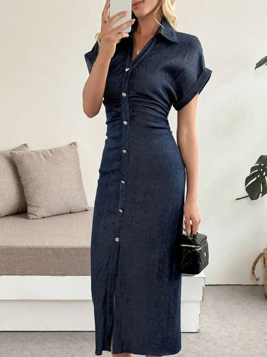 

Women’s Denim Midi Shirt Dress With Front Buttons, Ruched Bodice, Short Sleeves, Collar And Side Slit For Summer